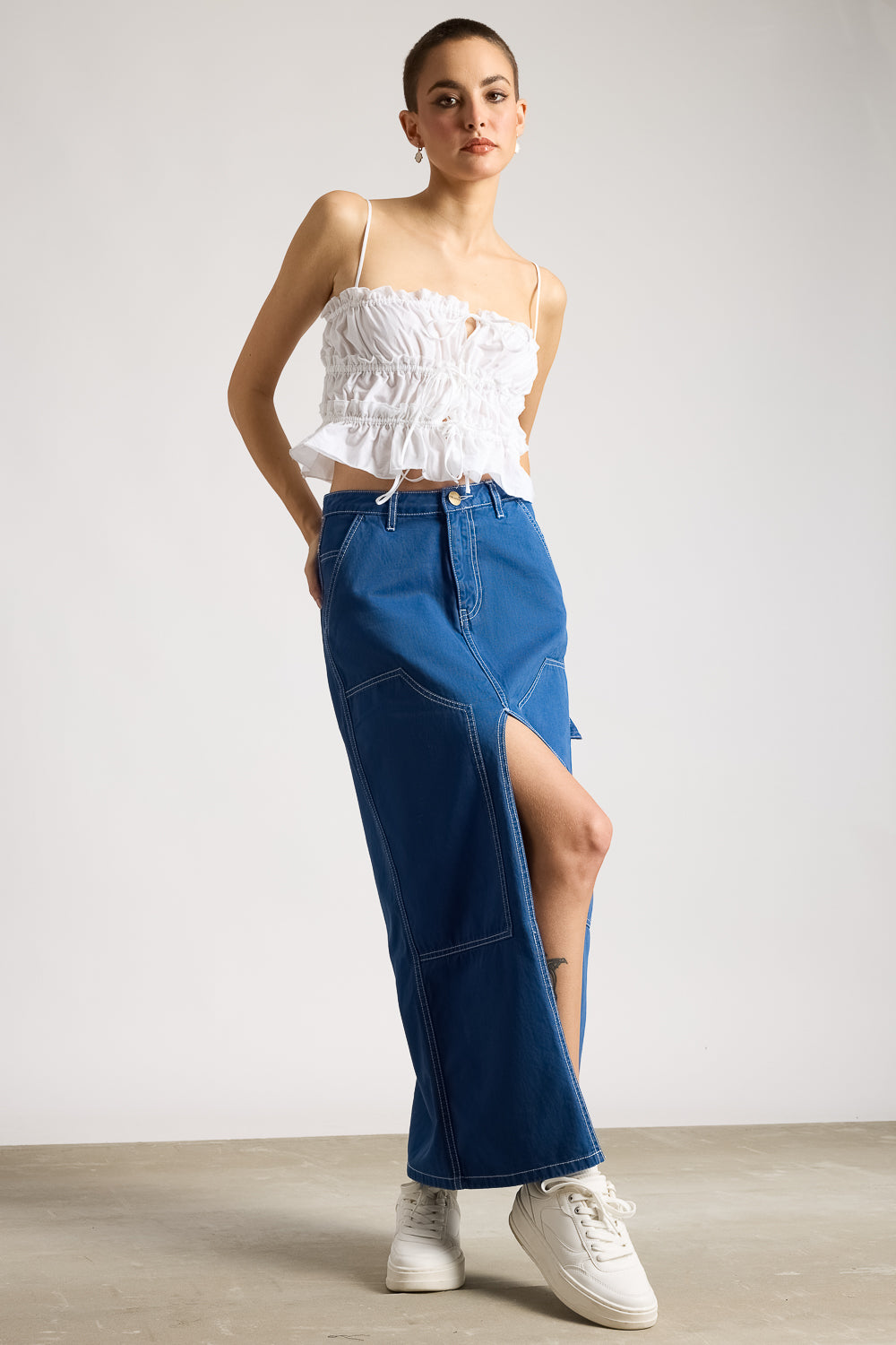 Coastal Blue Contrast Stitch Front Slit Women's Long Skirt