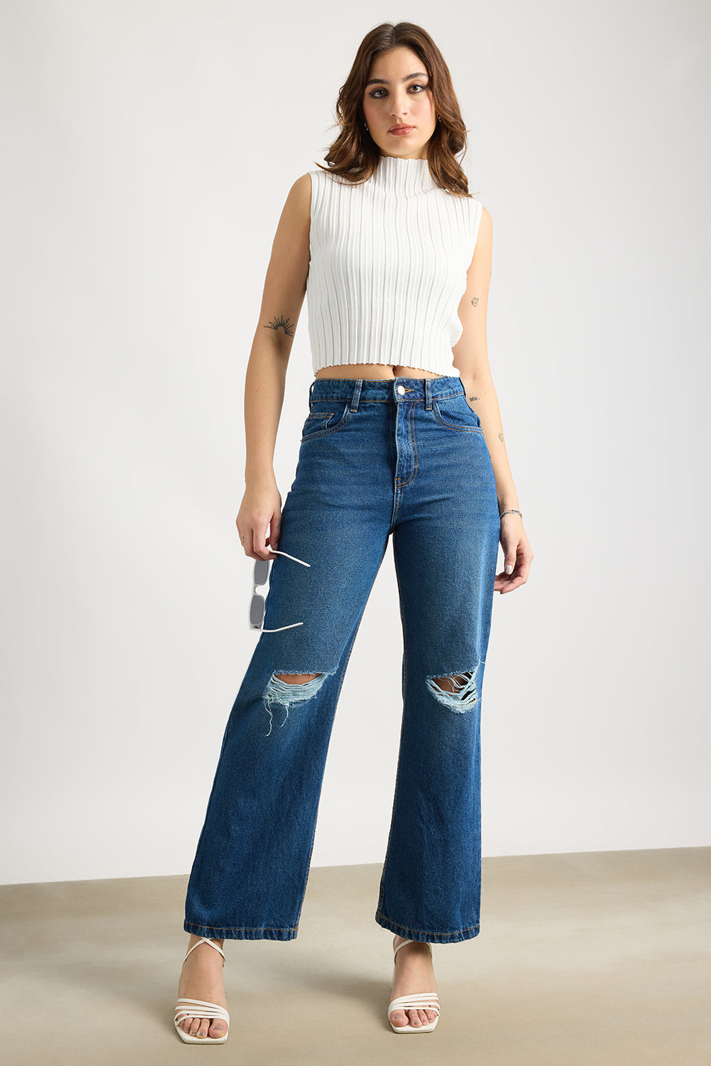 Navy Ripped Women's Wide Jeans