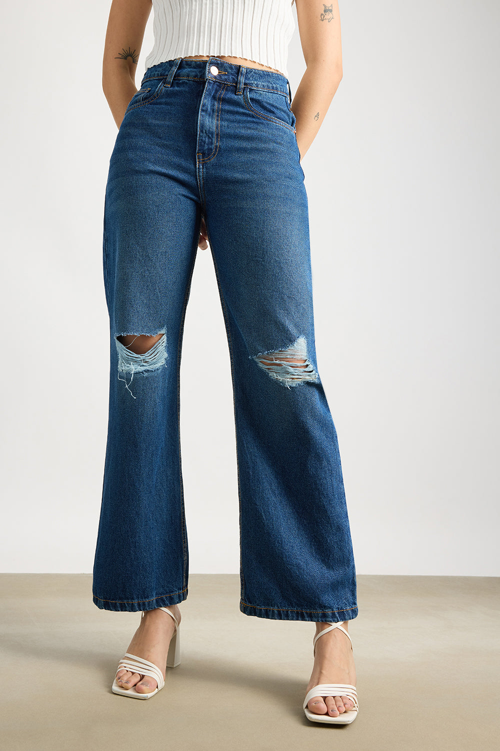 Navy Ripped Women's Wide Jeans