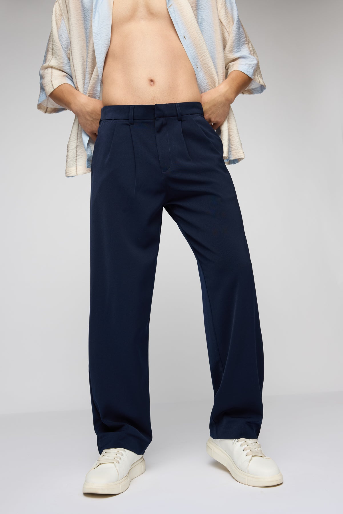 Navy Pleated Men's Straight Korean Pants
