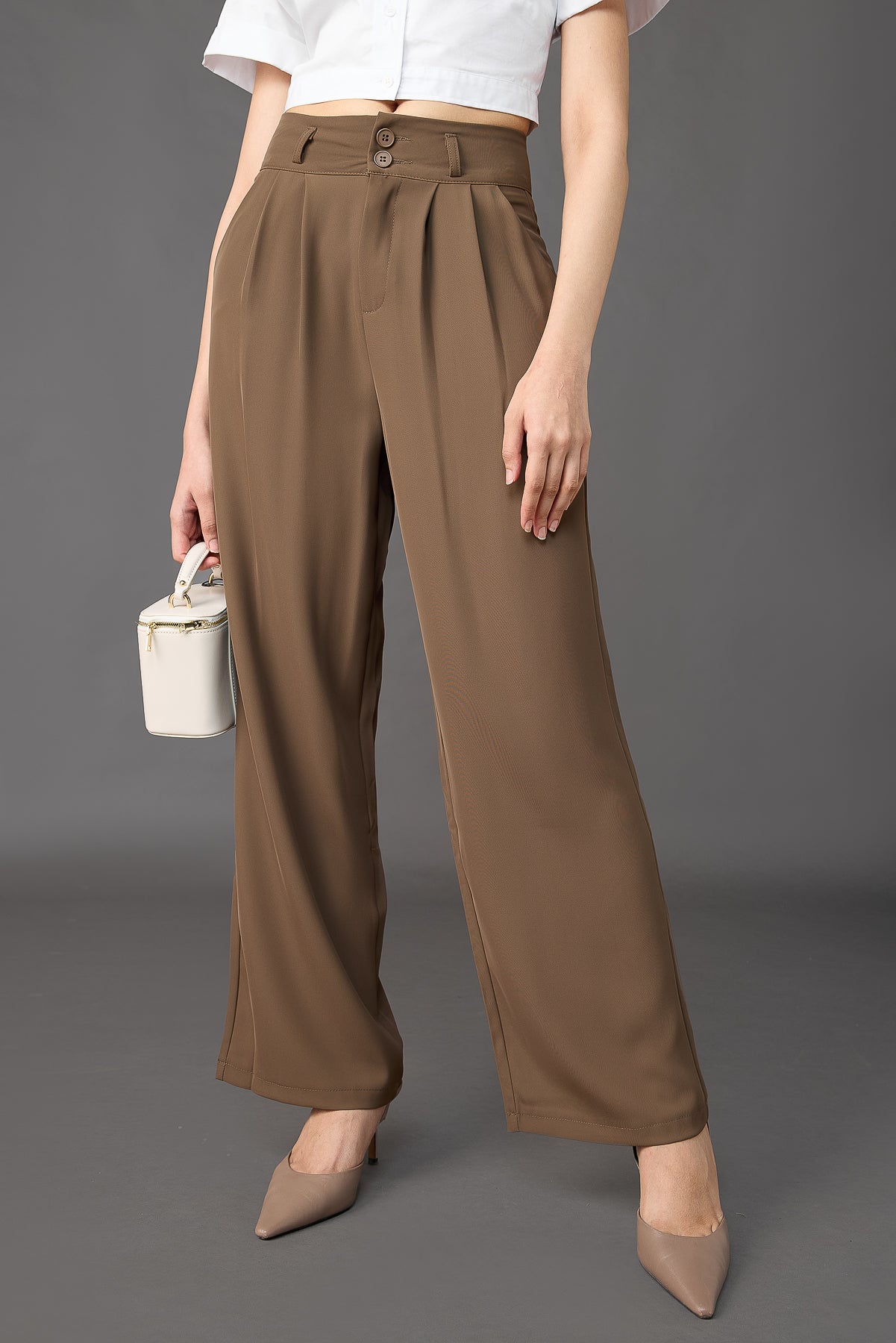 Olive Brown Pleated Women's Straight Korean Pants