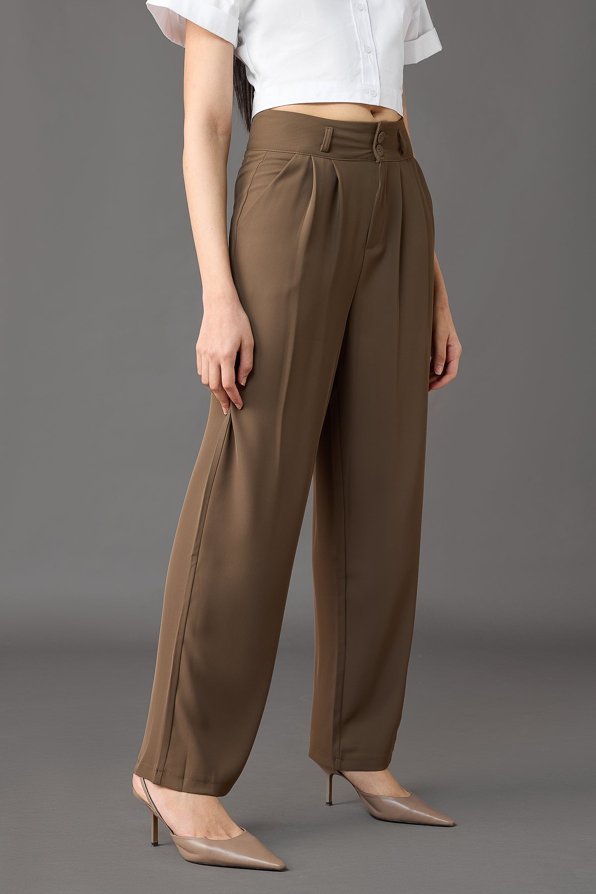 Olive Brown Pleated Women's Straight Korean Pants