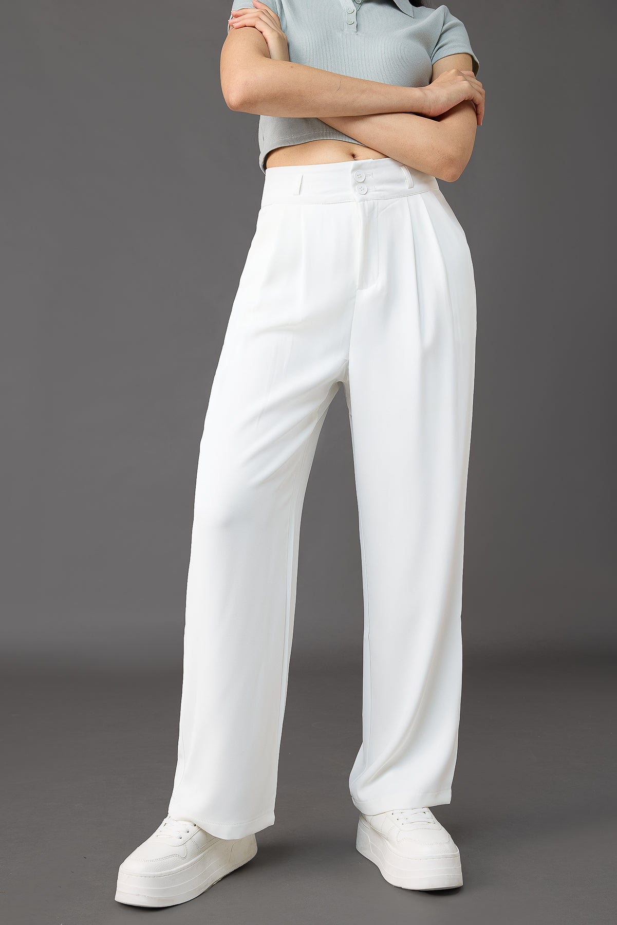 Seoul White Pleated Women's Straight Korean Pants