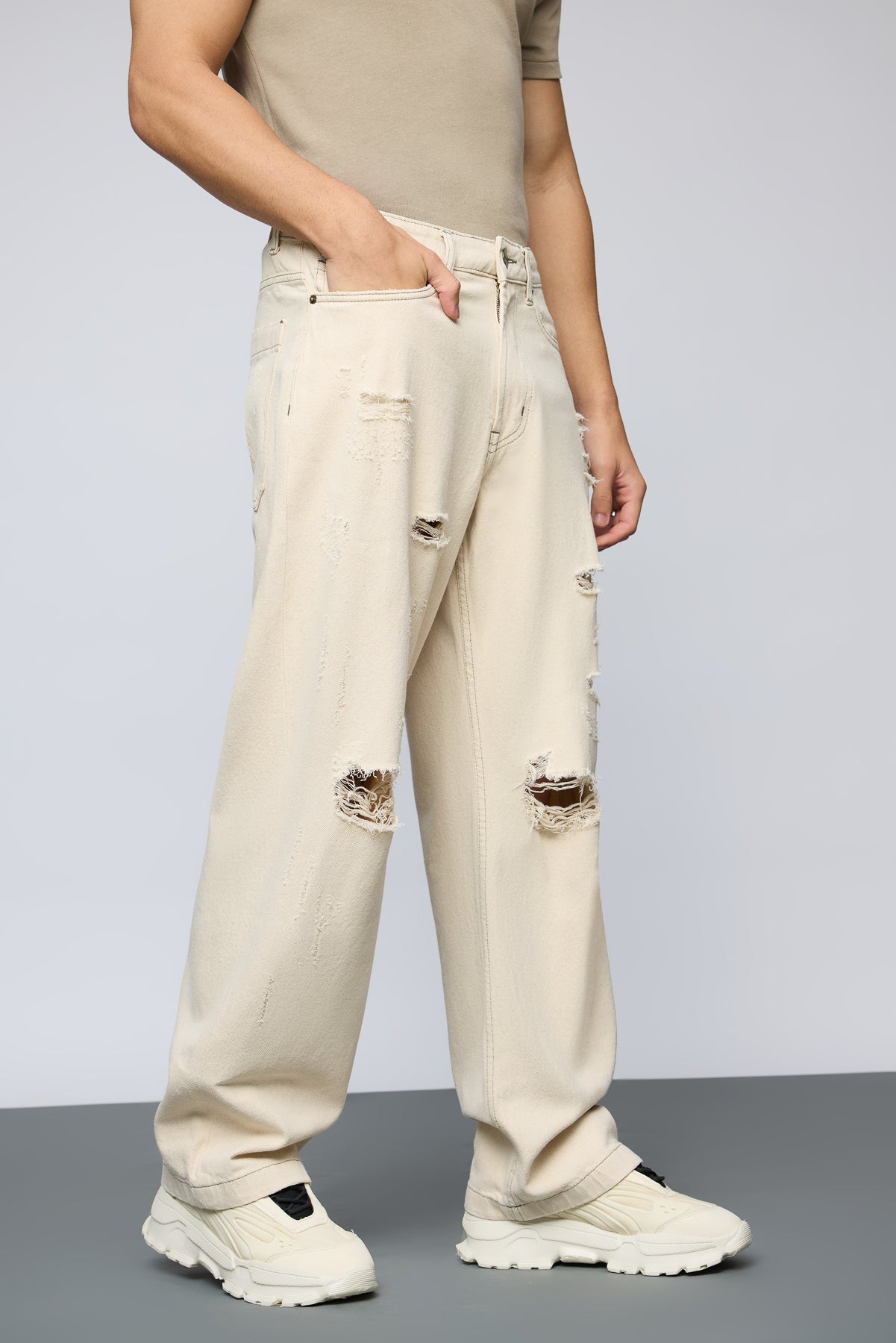 Ecru Escape Distressed Men's Baggy Straight Jeans