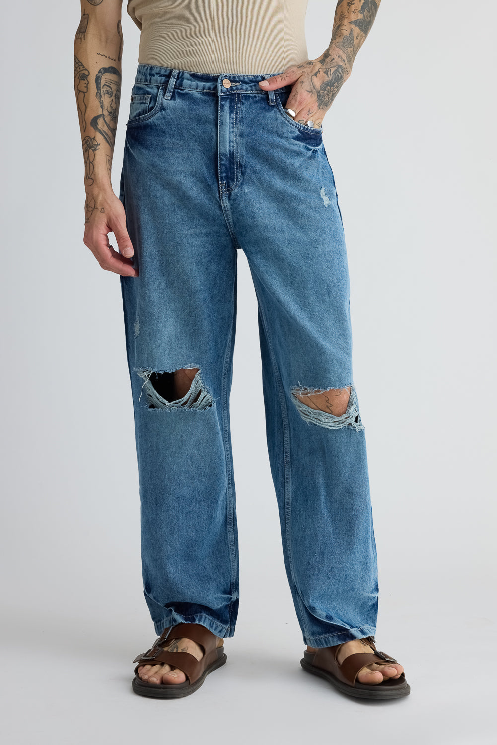 Mid Blue Ripped Men's Straight Jeans