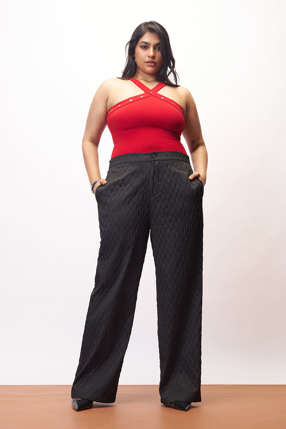Curve Raven Black Textured Straight Pants