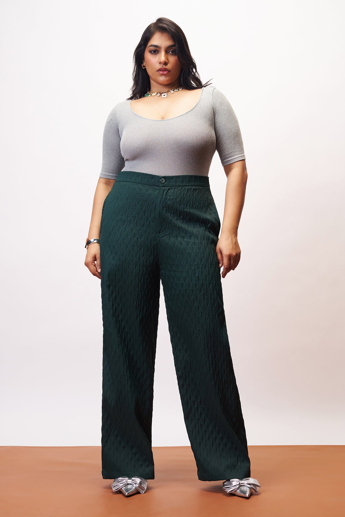 Emerald Curve Textured Korean Pants