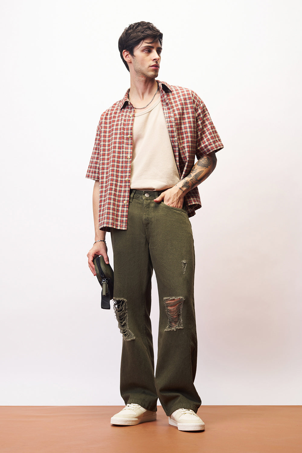 Dark Olive Distressed Men's Straight Jeans