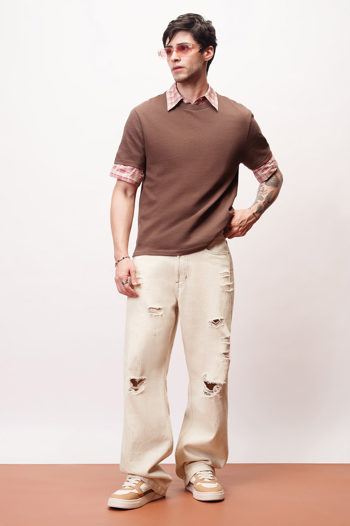 Dewy Ecru Distressed Men's Baggy Straight Jeans