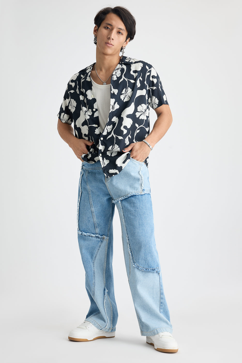 Blue Patchwork Men's Straight Jeans