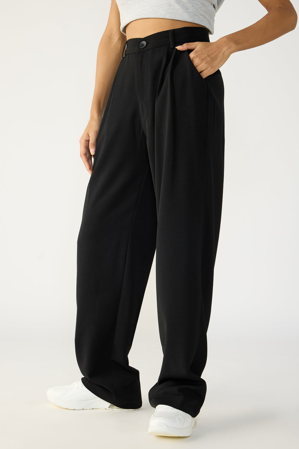 Black Double Pleated Women's Straight Korean Pants