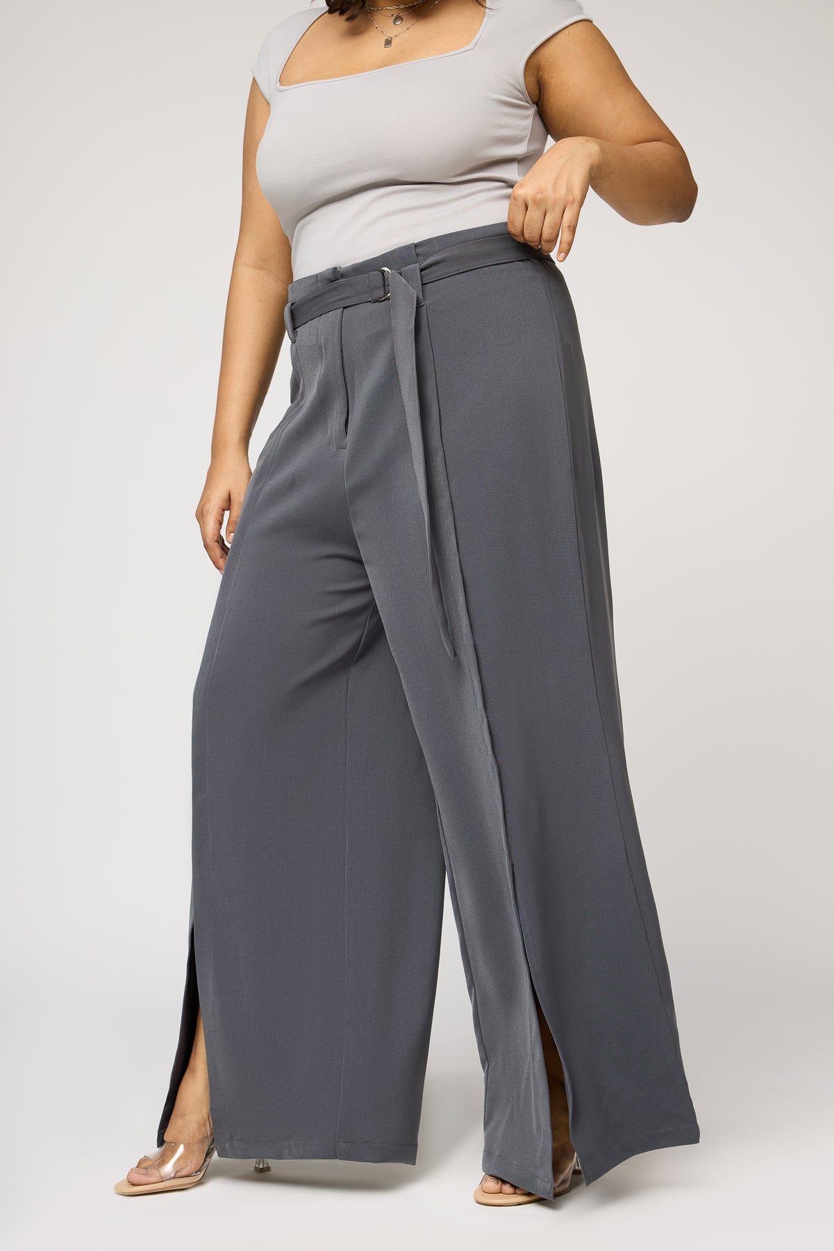 Curve Dove Grey Belted Flared Korean Pants