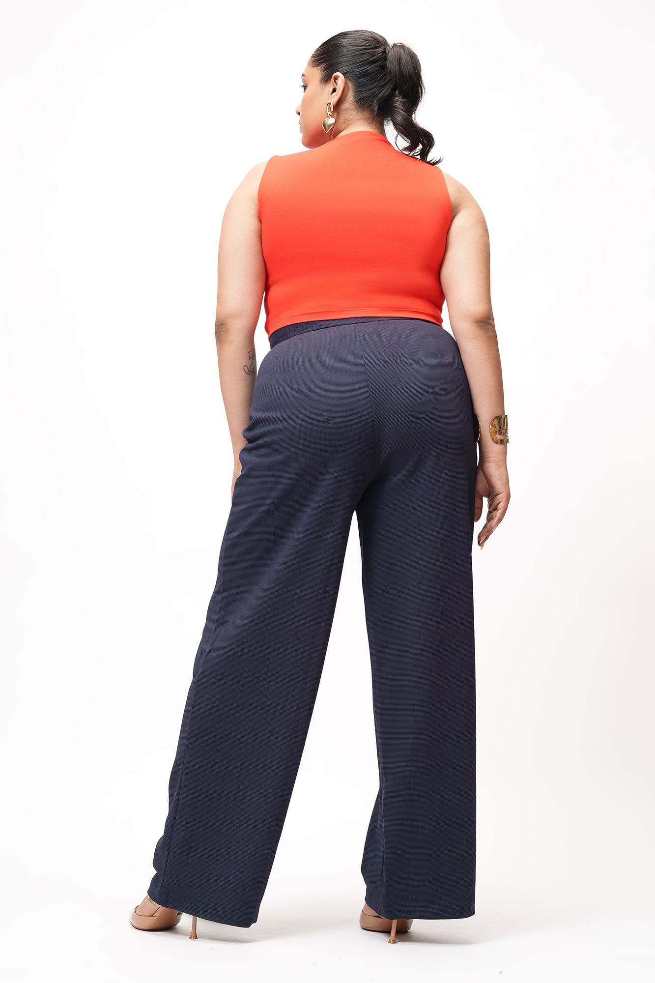 Modern Navy Curve Textured Korean Pants