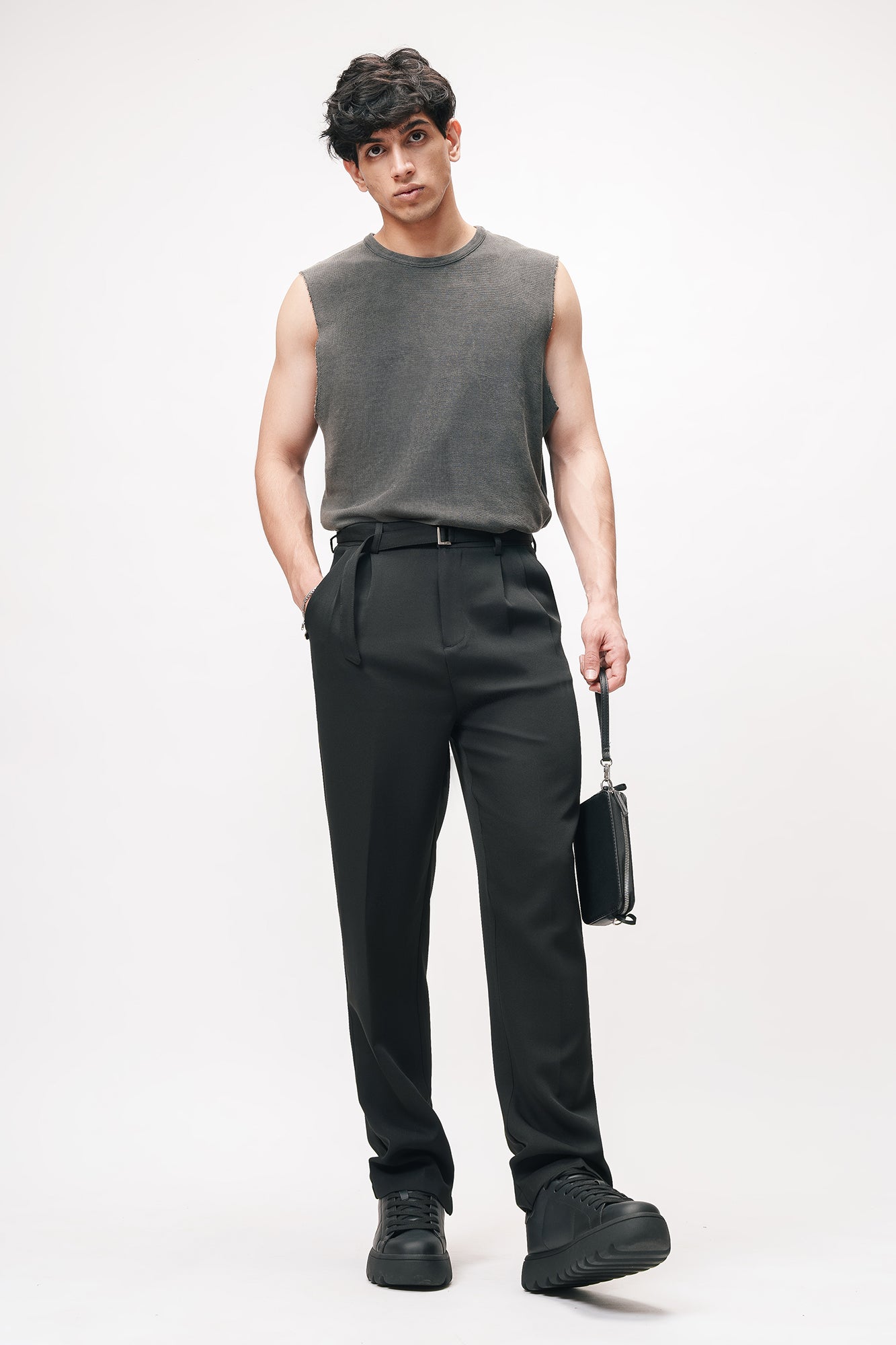 Galaxy Black Belted Men's Straight Korean Pants