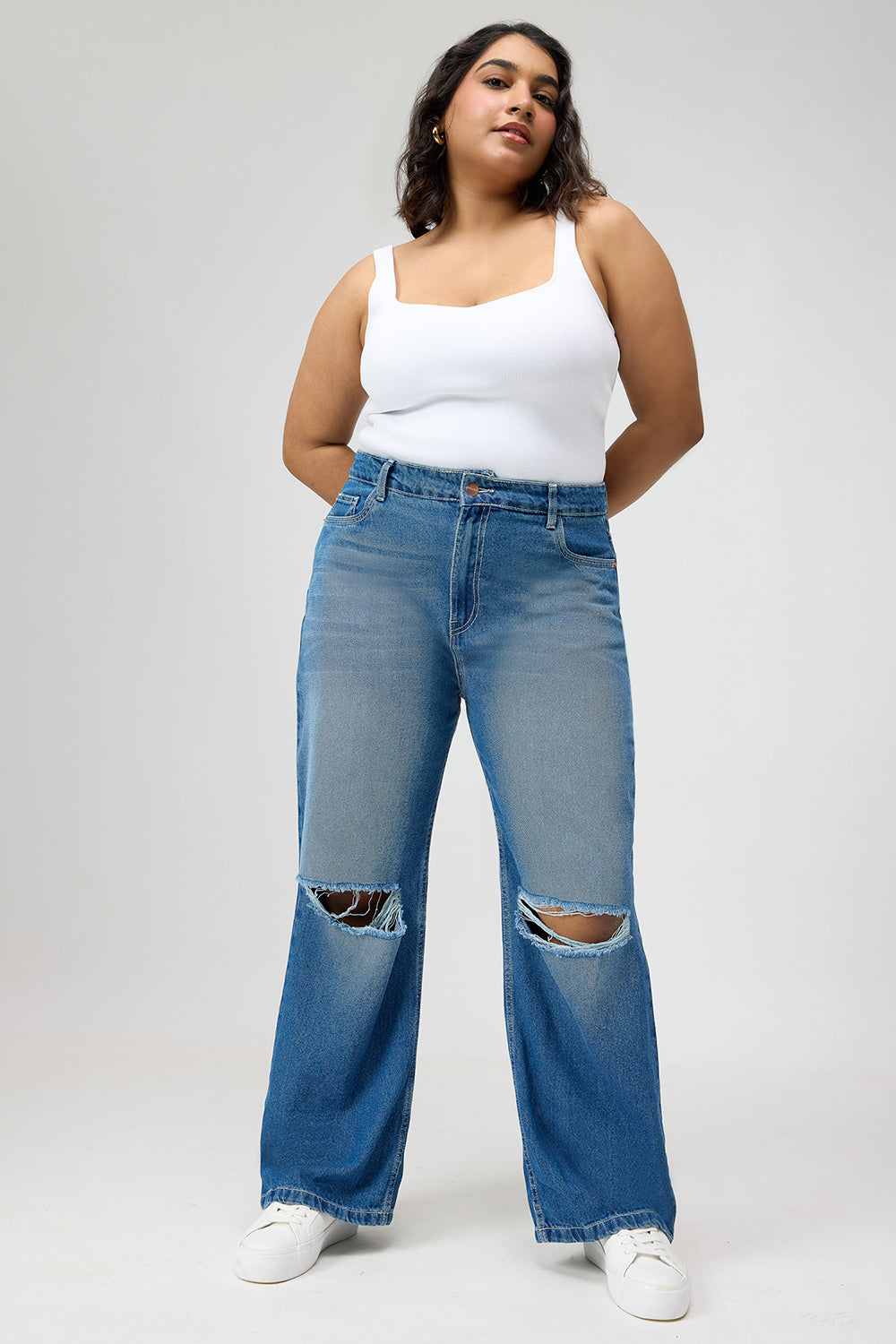 Curve Urban Blue Ripped Wide Jeans