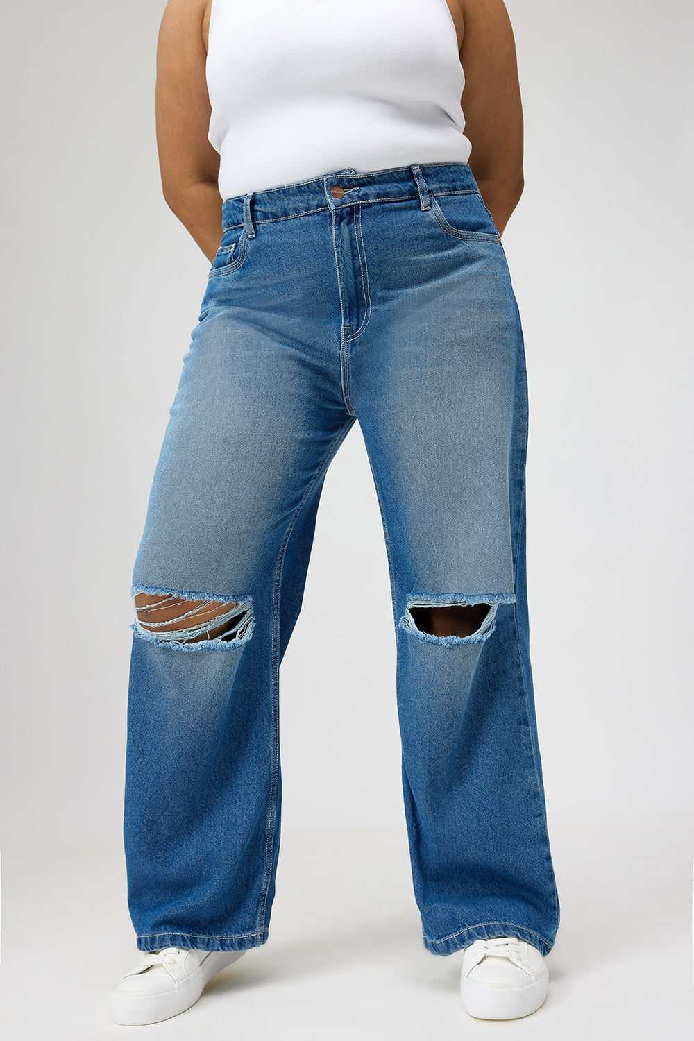 Curve Urban Blue Ripped Wide Jeans