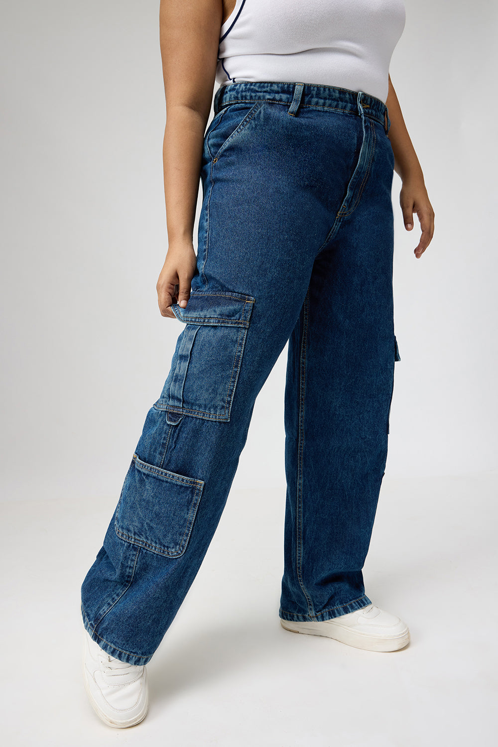 Curve Dark Blue Baggy Straight Cargo Jeans