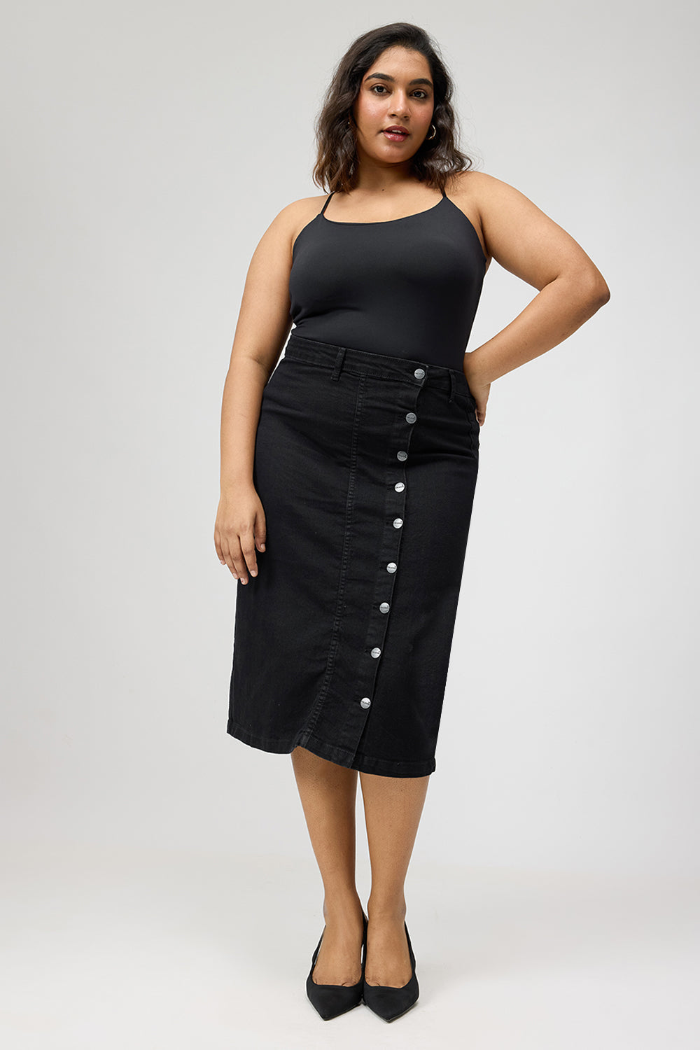 Curve Black Buttoned Women's Bodycon Skirt