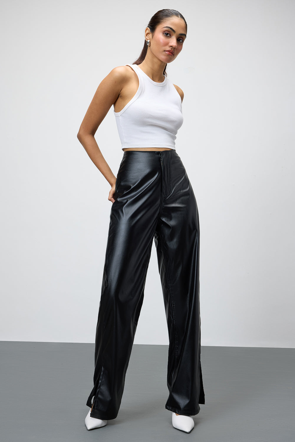 Black Slit-Hem Women's Straight Leather Pants