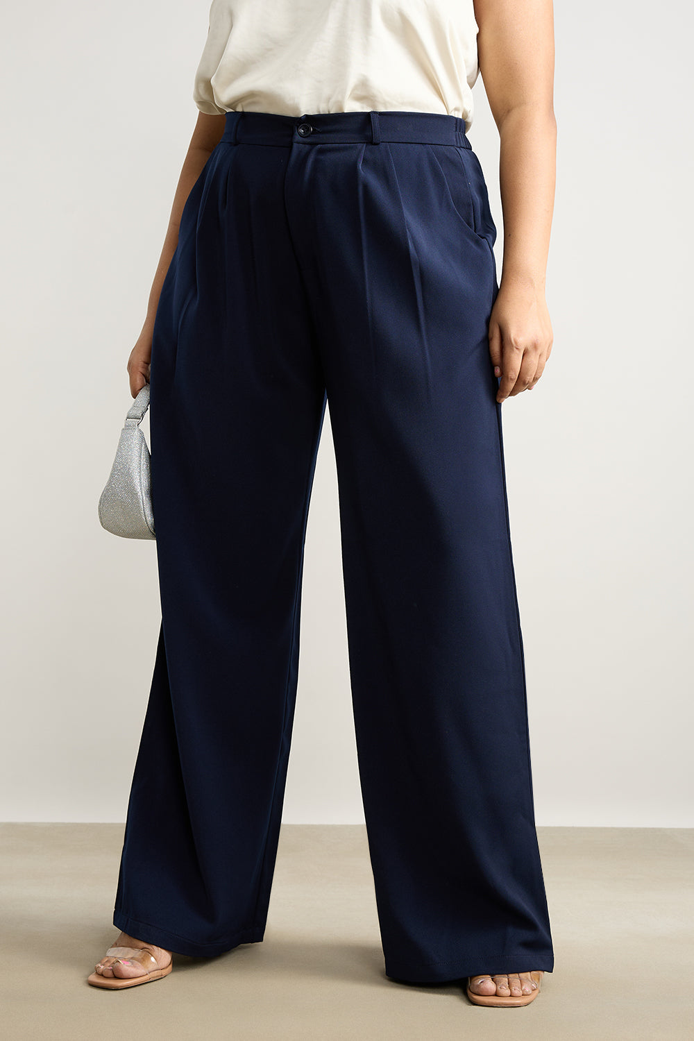 Curve Navy Pleated Straight Korean Pants
