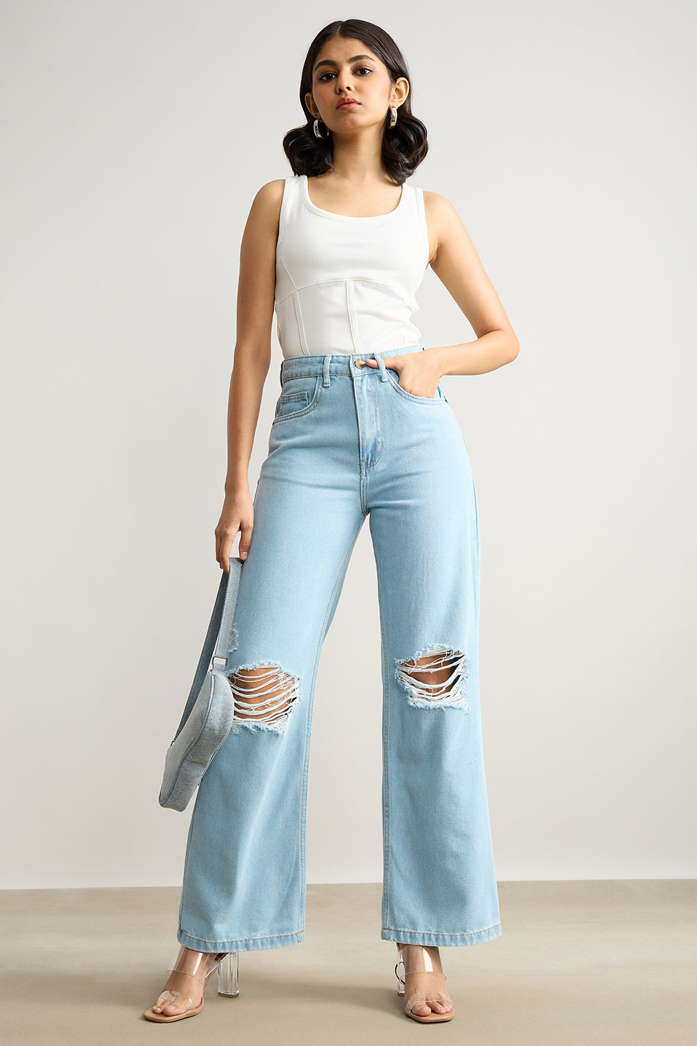 Light Blue High Waisted Distressed Women's Wide Jeans