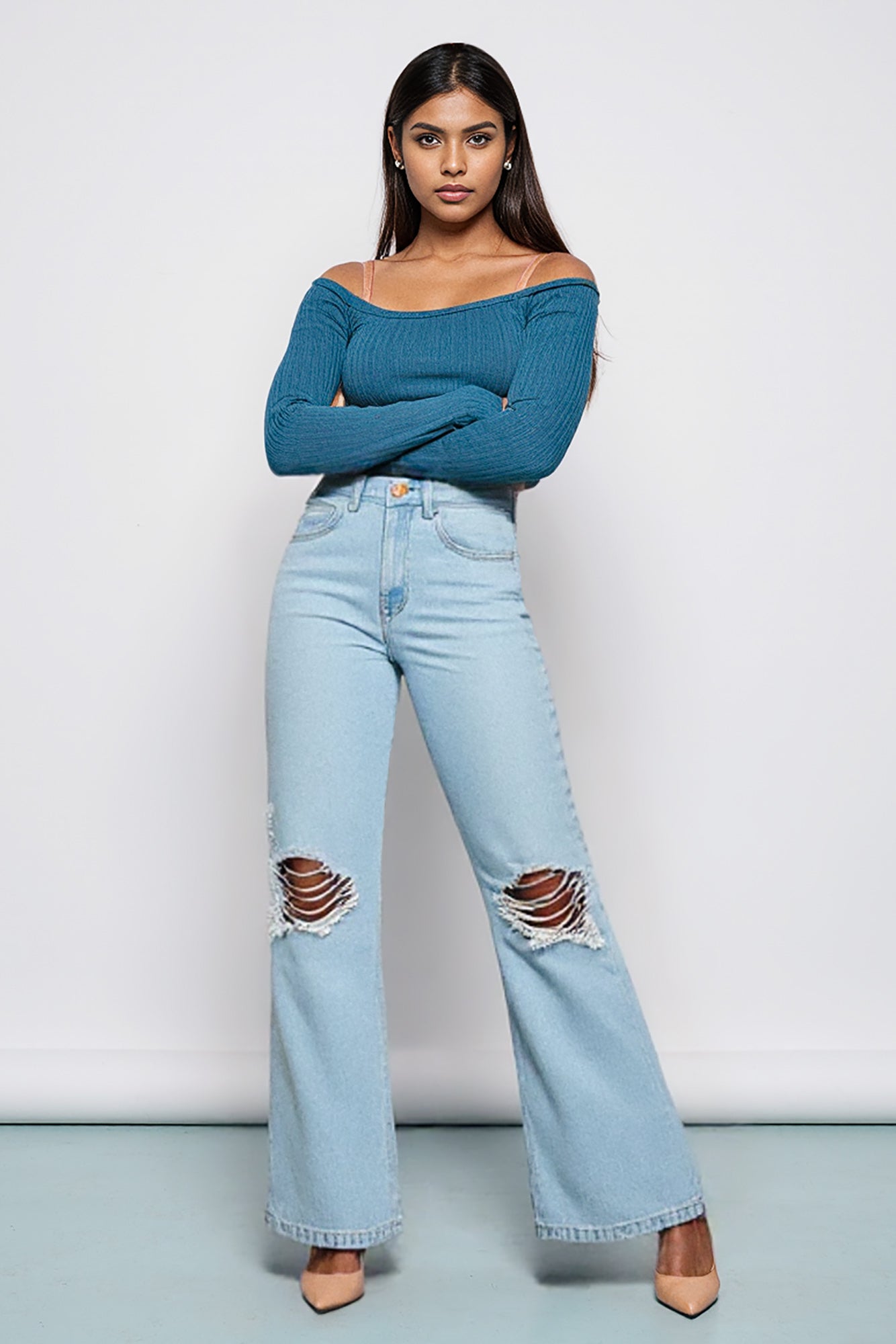 True Blue Distressed Women's Wide Leg Jeans