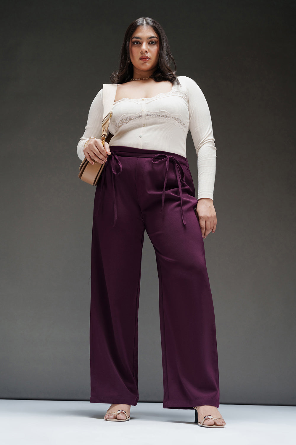 Wine Violet Curve Tie-Up Korean Pants