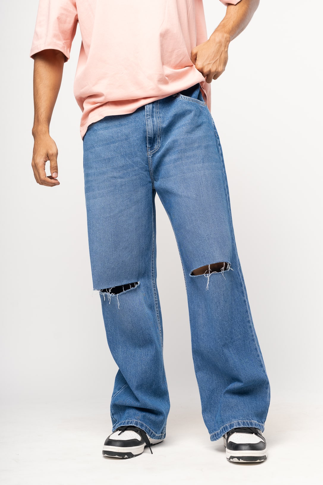 Blue Knee Slit Men's Baggy Straight Jeans