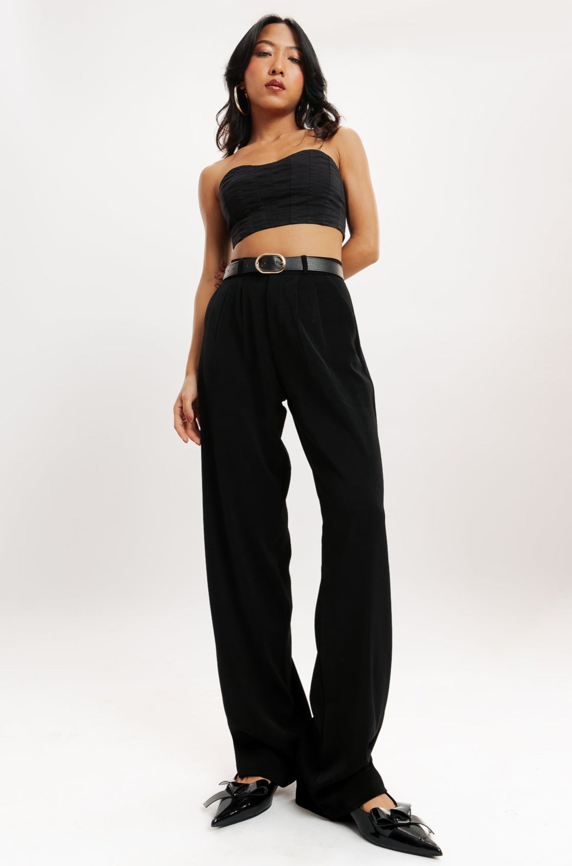 Black Double Pleated Women's Straight Korean Pants