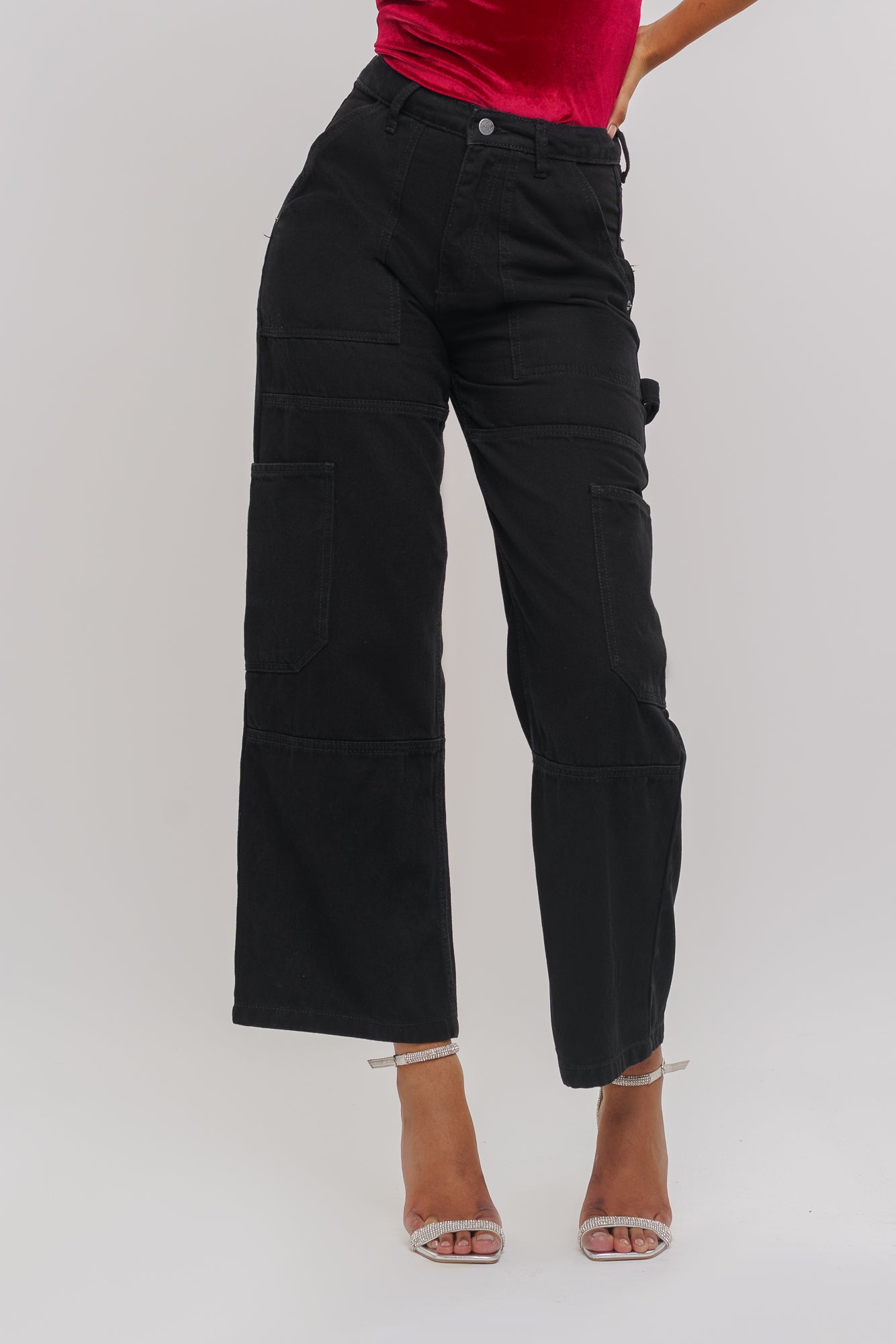 Black Patch & Pocket Women's Straight Cargo Jeans