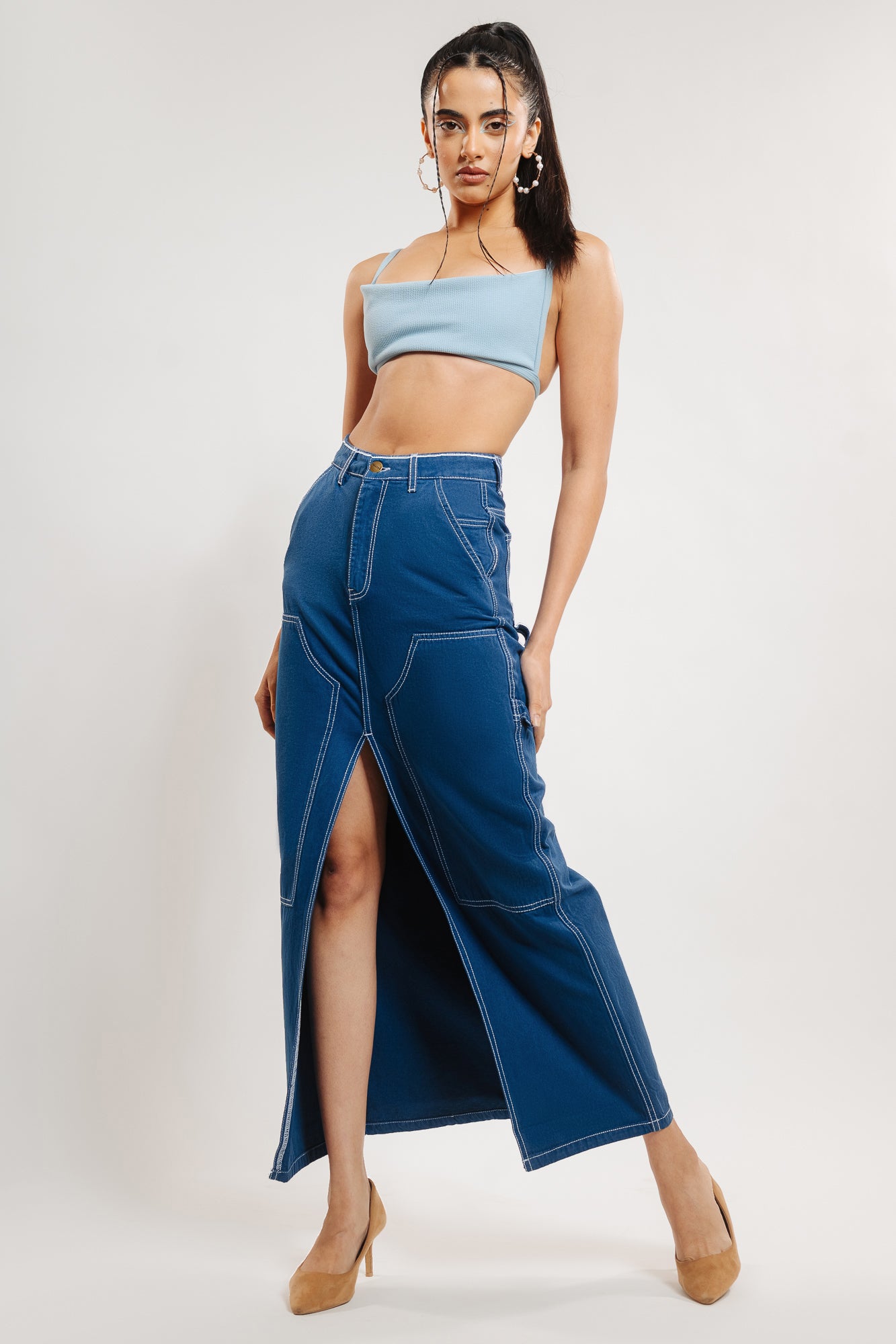 Marine Blue Contrast Stitch Front Slit Women's Long Skirt