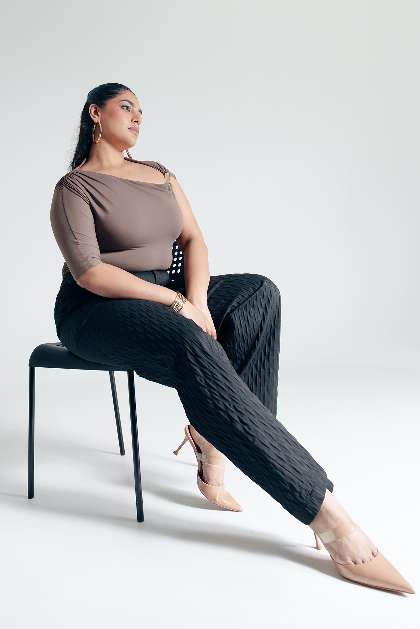 Curve Black Textured Straight Pants