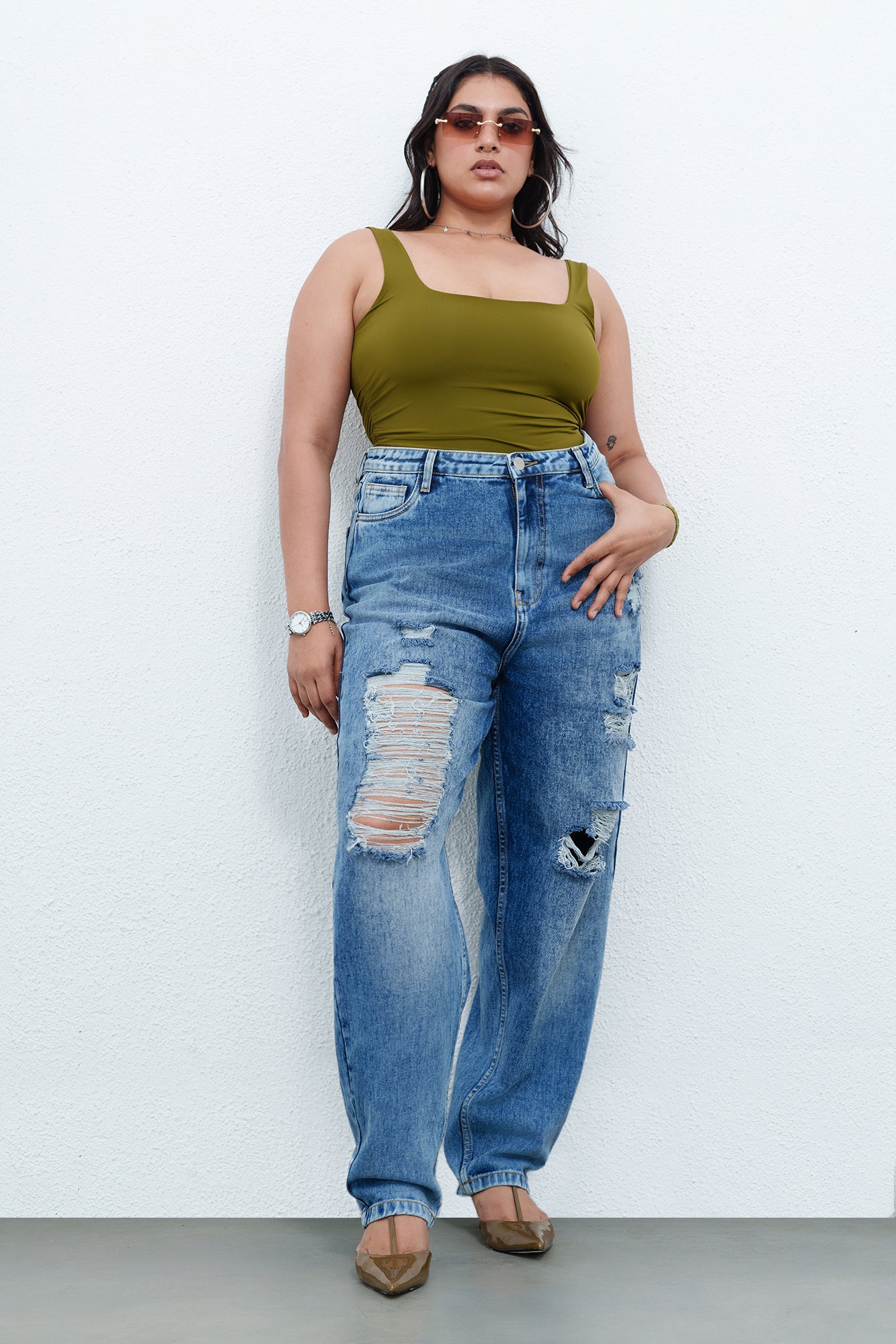 Curve True Blue Distressed Slouchy Jeans