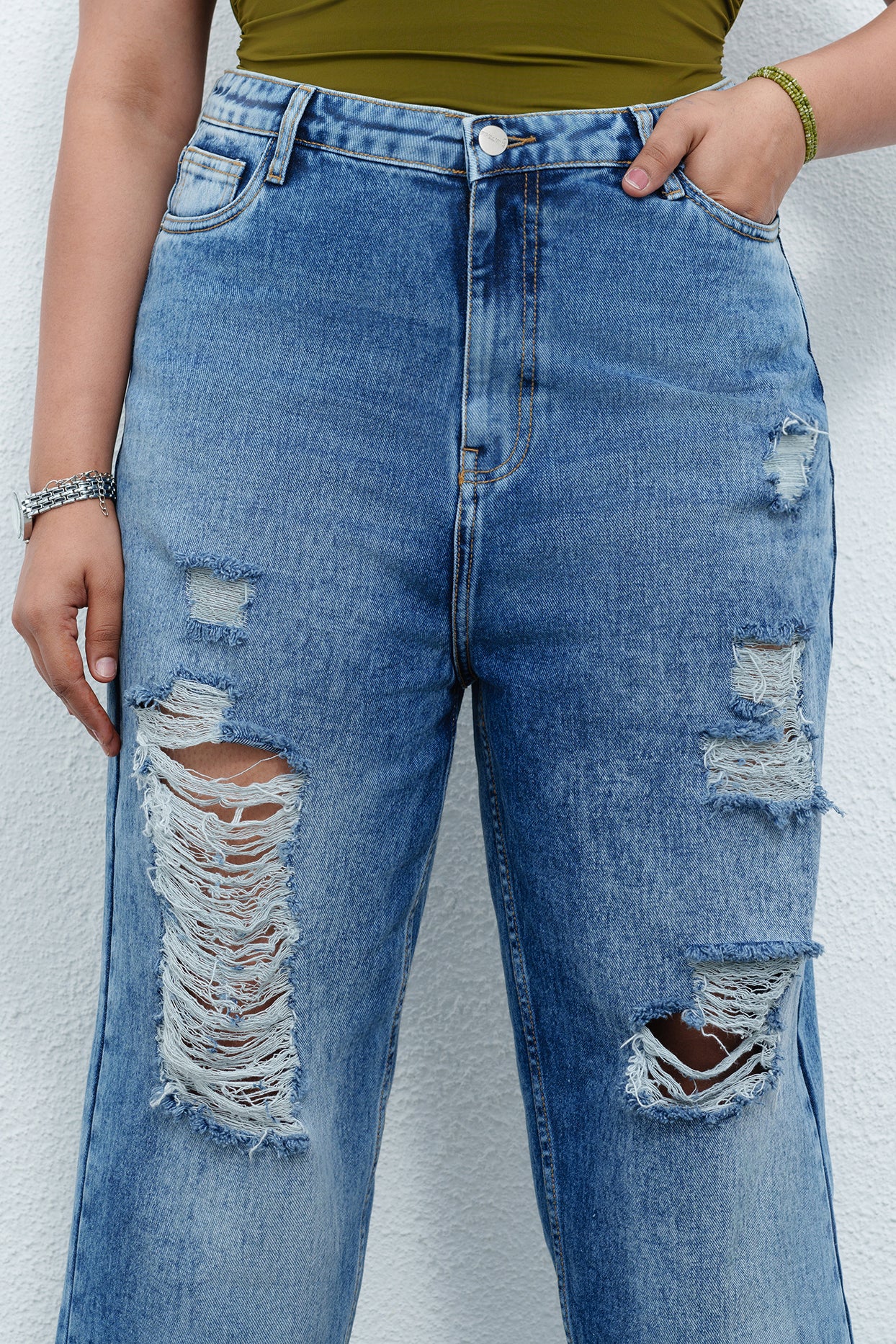 Curve True Blue Distressed Slouchy Jeans