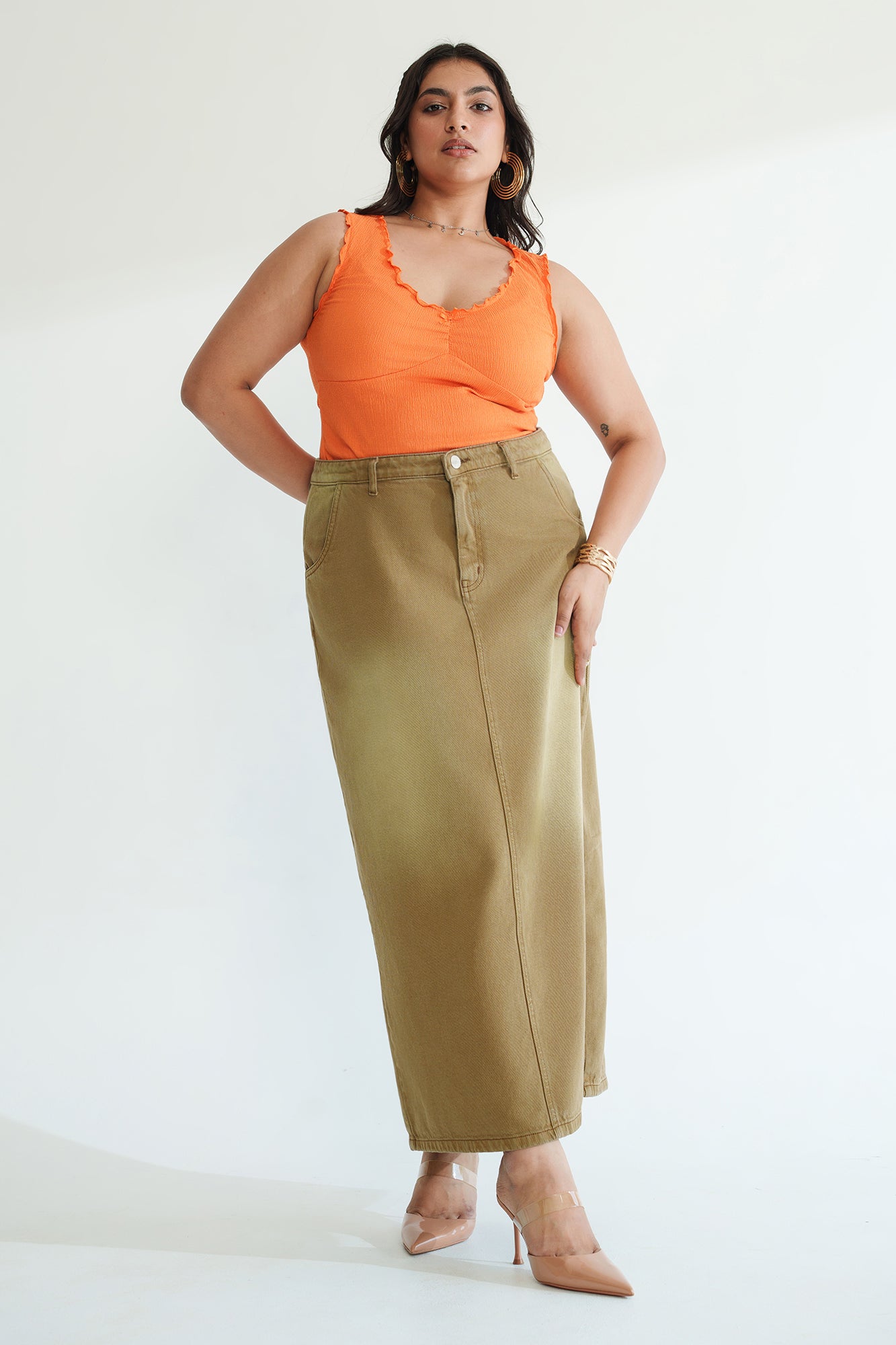 Curve Dark Fawn Long Straight Denim Skirt