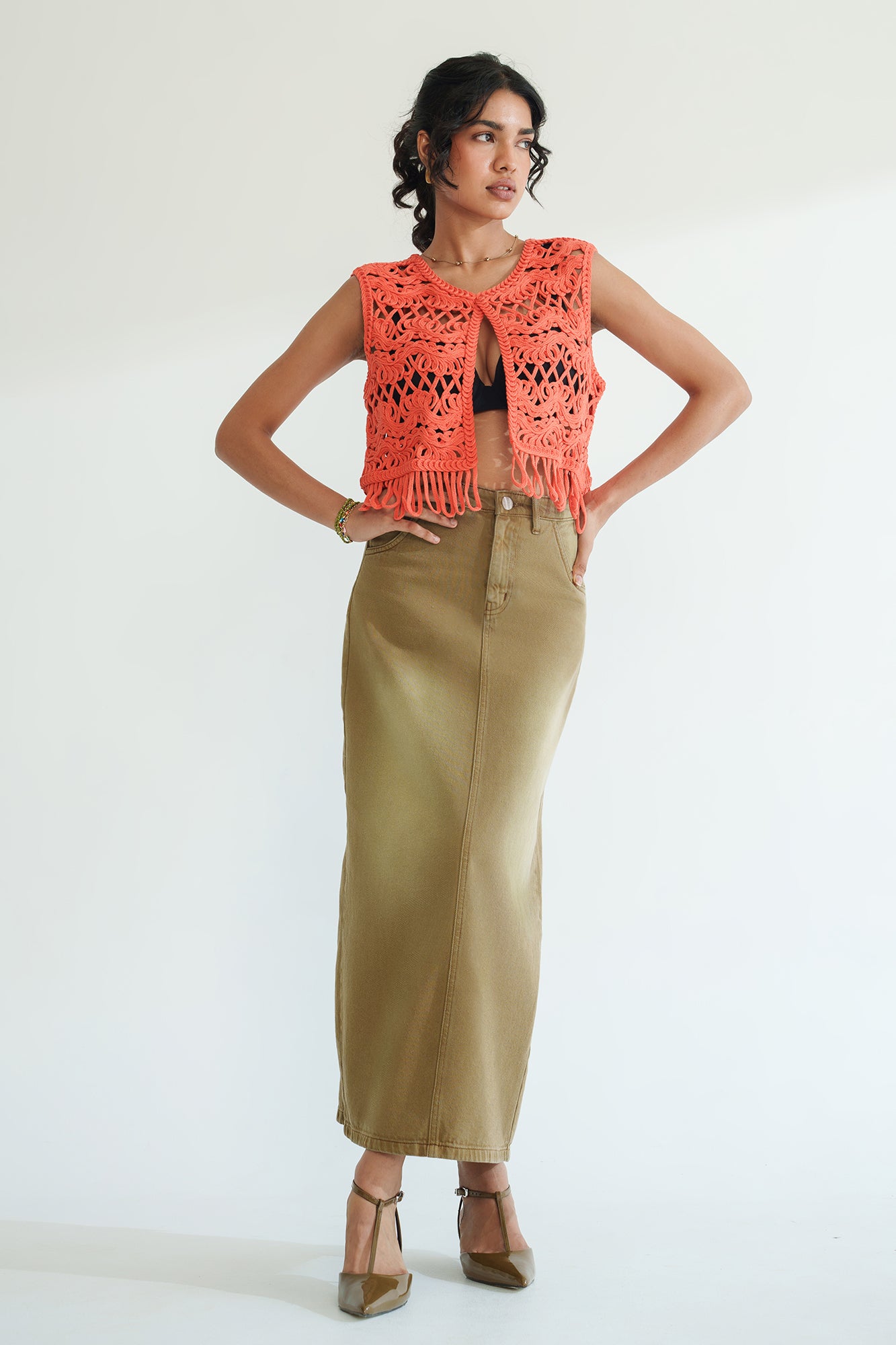 Gold Beige Long Straight Denim Skirt